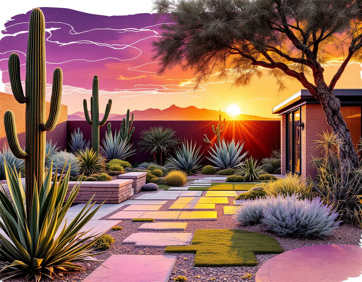 A finished desert garden with dry-stacked stone patio and native planting