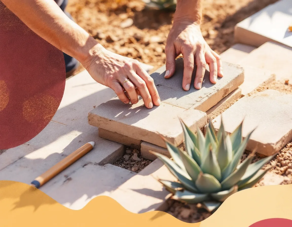 Hands setting dry-stacked flagstone alongside a drafting triangle