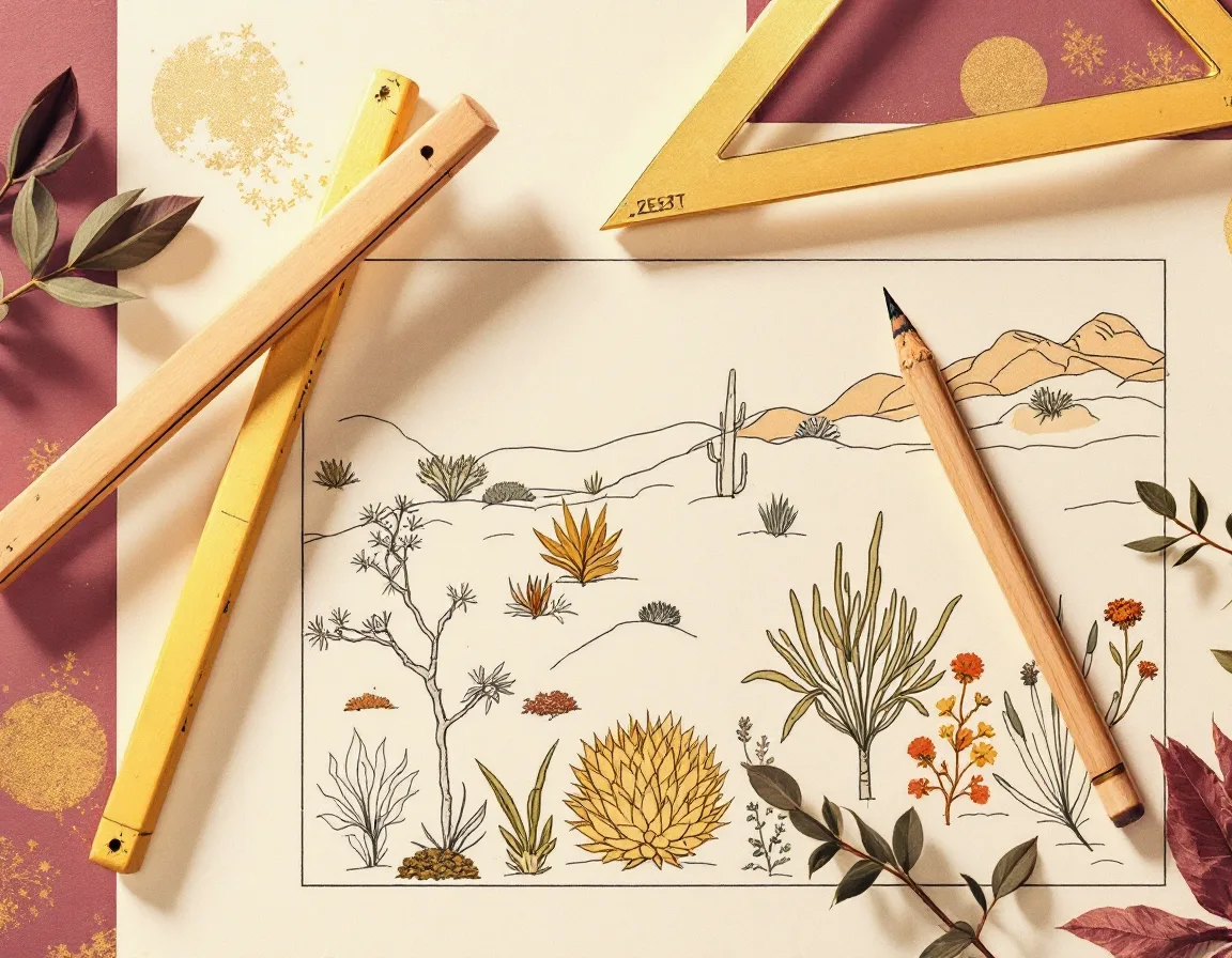 A hand-drawn planting plan on drafting paper with a triangle and pencil resting on it